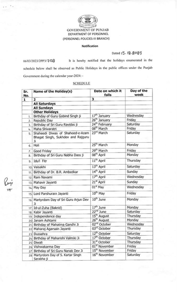 Punjab Government released holiday calendar for the year 2025