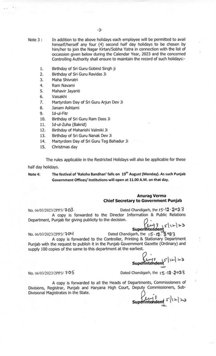 Punjab Government released holiday calendar for the year 2024